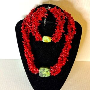 Red coral choker necklace and matching bracelet set